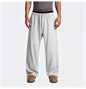 Two-Waistband Embroidered Wide-Leg Sweatpants with False Two-Piece Design