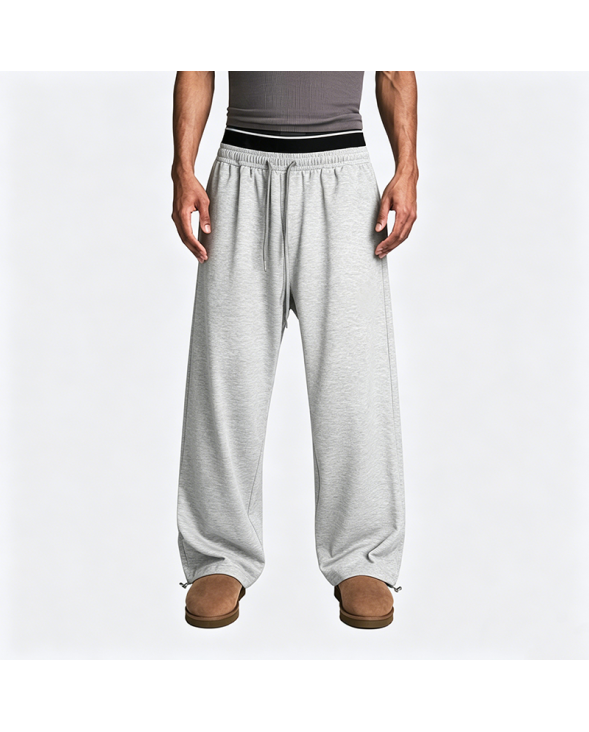 Two-Waistband Embroidered Wide-Leg Sweatpants with False Two-Piece Design