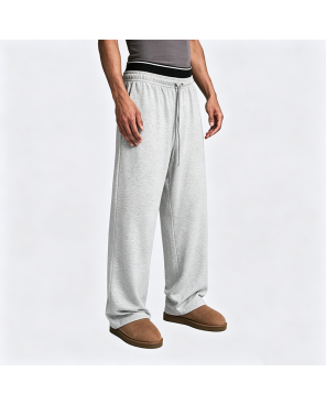 Two-Waistband Embroidered Wide-Leg Sweatpants with False Two-Piece Design