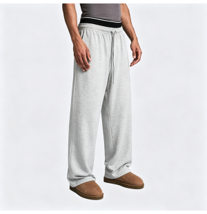 Two-Waistband Embroidered Wide-Leg Sweatpants with False Two-Piece Design