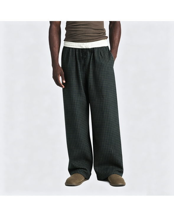 American Retro Plaid Color-Blocking Wide-Leg Pants