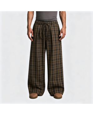 American Retro Brown Checkered Wide-Leg Straight Pants