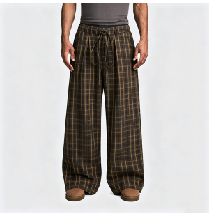 American Retro Brown Checkered Wide-Leg Straight Pants
