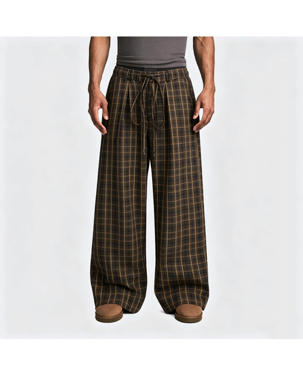 American Retro Brown Checkered Wide-Leg Straight Pants