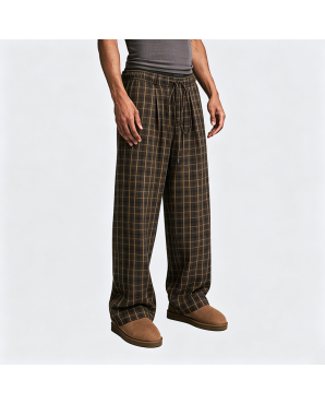 American Retro Brown Checkered Wide-Leg Straight Pants