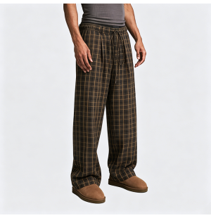 American Retro Brown Checkered Wide-Leg Straight Pants