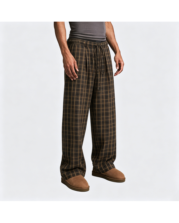 American Retro Brown Checkered Wide-Leg Straight Pants