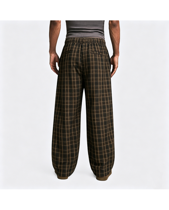American Retro Brown Checkered Wide-Leg Straight Pants