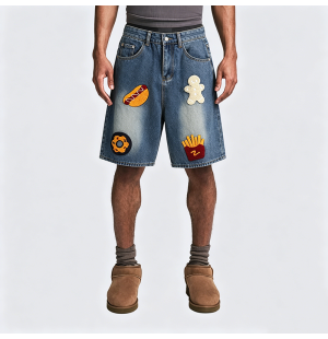 Towel Embroidered Denim Shorts Loose Wide-Leg Mid-Length