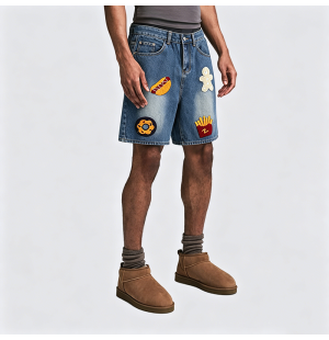 Towel Embroidered Denim Shorts Loose Wide-Leg Mid-Length