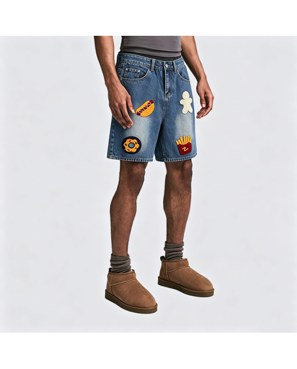 Towel Embroidered Denim Shorts Loose Wide-Leg Mid-Length