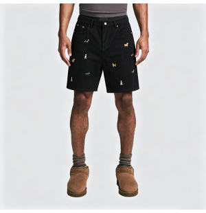 American Retro Puppy Embroidered Denim Shorts Loose Straight Leg