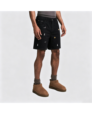 American Retro Puppy Embroidered Denim Shorts Loose Straight Leg