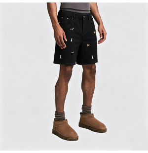 American Retro Puppy Embroidered Denim Shorts Loose Straight Leg