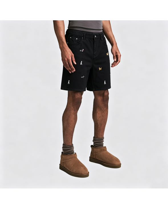 American Retro Puppy Embroidered Denim Shorts Loose Straight Leg