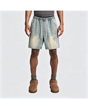 American Retro Star Frayed Drawstring Denim Shorts Loose Fit Mid-Thigh