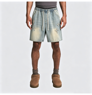 American Retro Star Frayed Drawstring Denim Shorts Loose Fit Mid-Thigh