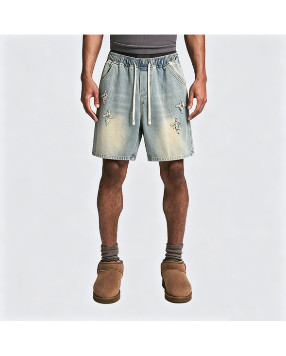 American Retro Star Frayed Drawstring Denim Shorts Loose Fit Mid-Thigh