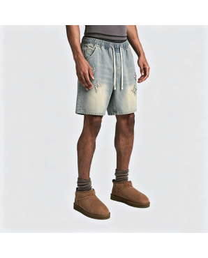 American Retro Star Frayed Drawstring Denim Shorts Loose Fit Mid-Thigh