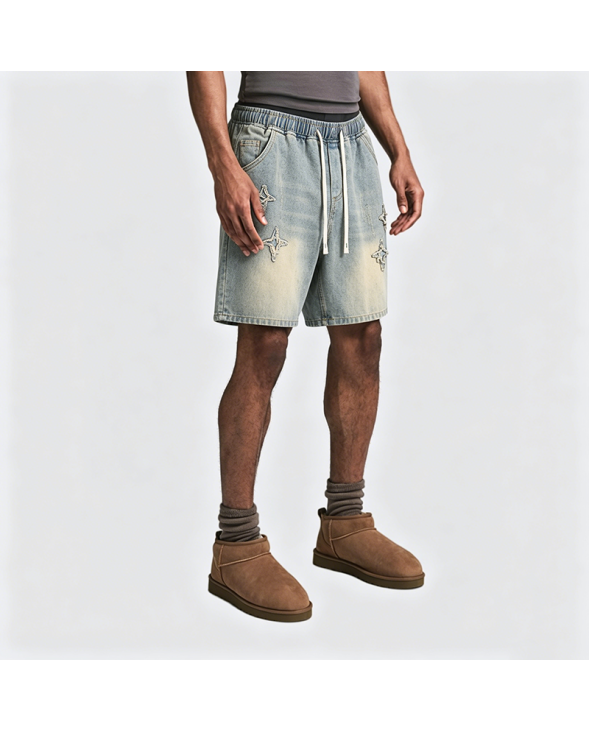 American Retro Star Frayed Drawstring Denim Shorts Loose Fit Mid-Thigh