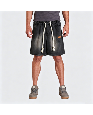 Men's Washed Denim Shorts with Drawstring Waist American Retro Casual