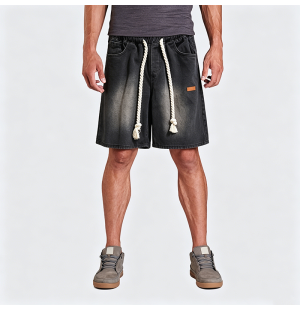 Men's Washed Denim Shorts with Drawstring Waist American Retro Casual