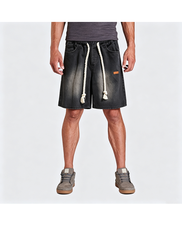 Men's Washed Denim Shorts with Drawstring Waist American Retro Casual