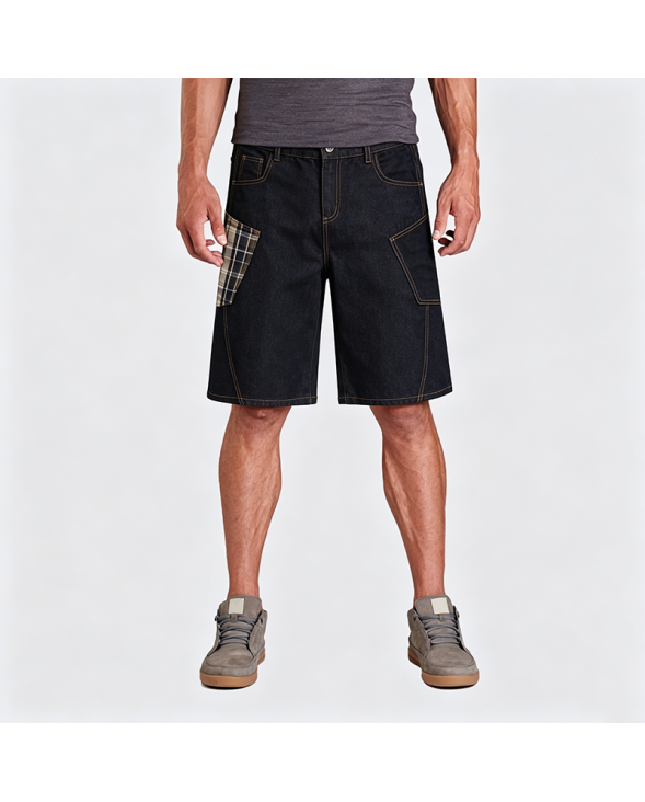 American Retro Plaid Patchwork Embroidered Denim Shorts