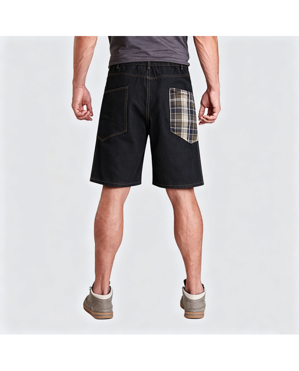 American Retro Plaid Patchwork Embroidered Denim Shorts