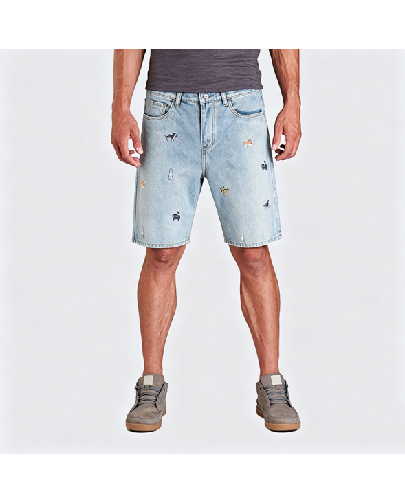American Retro Puppy Embroidered Denim Shorts Loose Wide-Leg