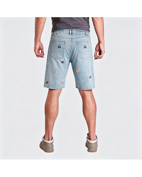 American Retro Puppy Embroidered Denim Shorts Loose Wide-Leg