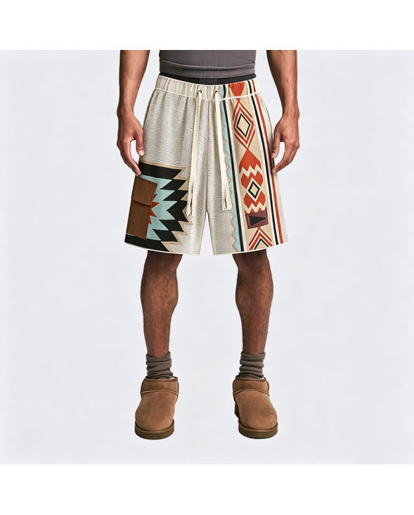 Navajo Knit Shorts Men's Casual Embroidery Loose Fit