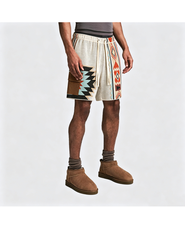 Navajo Knit Shorts Men's Casual Embroidery Loose Fit