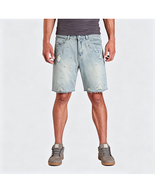 American Style Distressed Denim Shorts with Raw Hem Loose Straight Leg