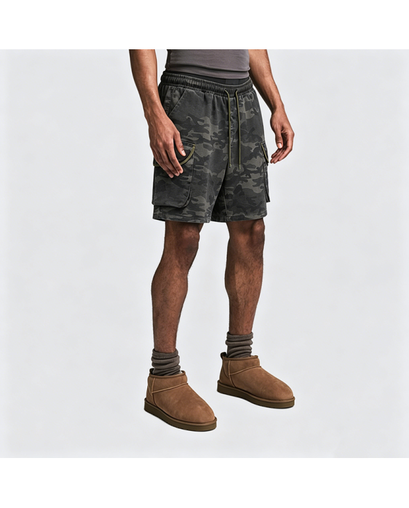 American Retro Camo Denim Shorts Loose Workwear Street Style