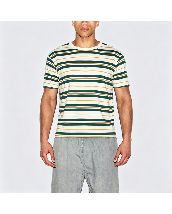 Summer Color-Block Striped Cotton Crew Neck Short Sleeve T-Shirt