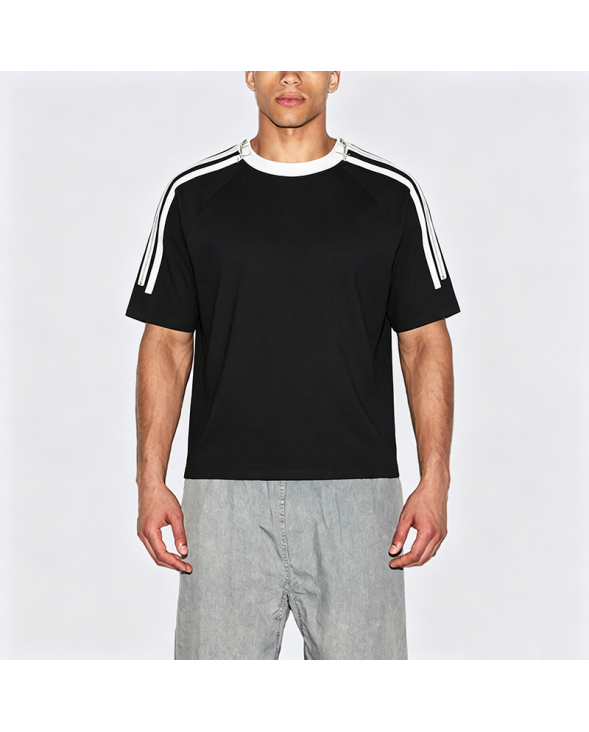 Cotton Zip-Front Striped Short-Sleeve T-Shirt