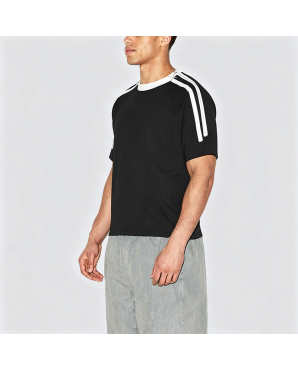 Cotton Zip-Front Striped Short-Sleeve T-Shirt