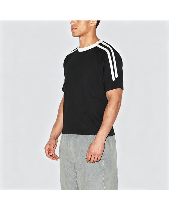 Cotton Zip-Front Striped Short-Sleeve T-Shirt