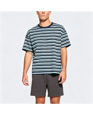 Japanese Style Color-Block Striped Short-Sleeve T-Shirt