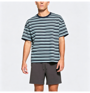 Japanese Style Color-Block Striped Short-Sleeve T-Shirt