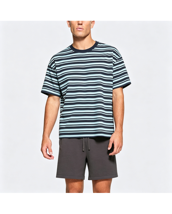 Japanese Style Color-Block Striped Short-Sleeve T-Shirt