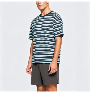 Japanese Style Color-Block Striped Short-Sleeve T-Shirt