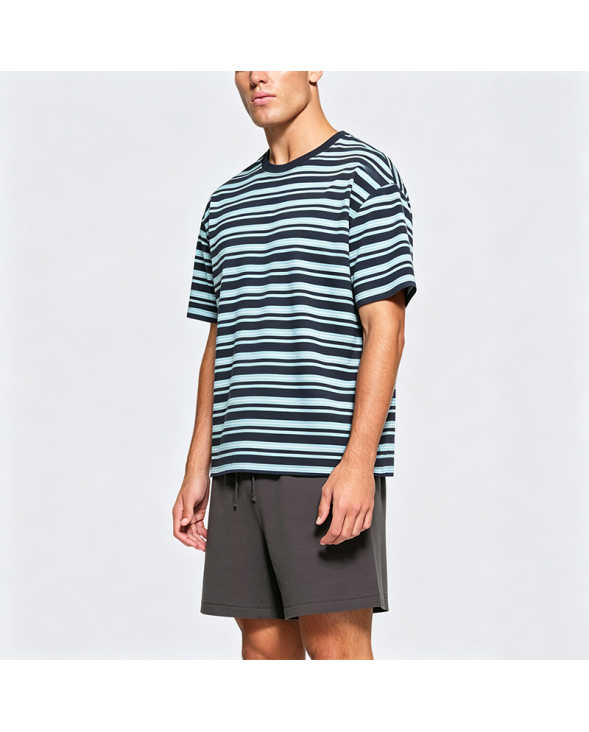 Japanese Style Color-Block Striped Short-Sleeve T-Shirt