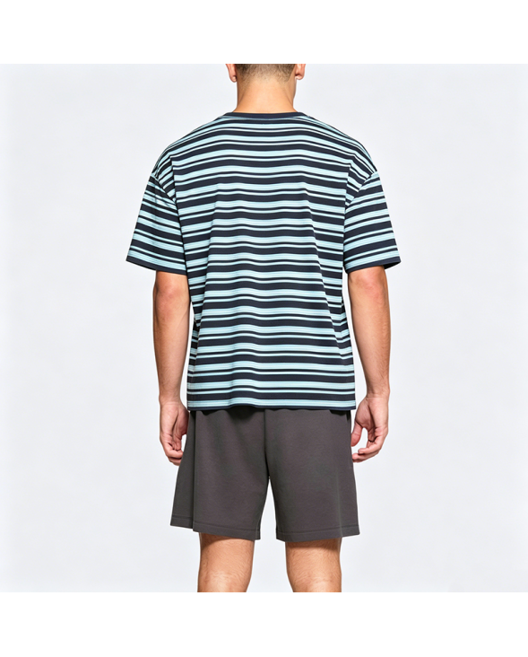 Japanese Style Color-Block Striped Short-Sleeve T-Shirt