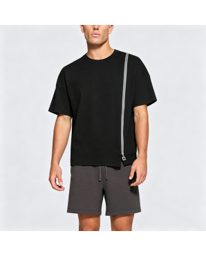 Retro Color Block Zip-Up Split Hem Short Sleeve T-Shirt