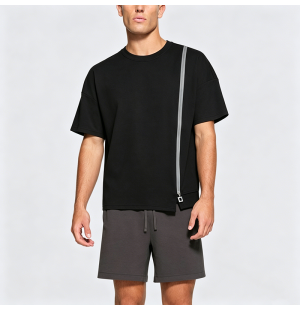 Retro Color Block Zip-Up Split Hem Short Sleeve T-Shirt
