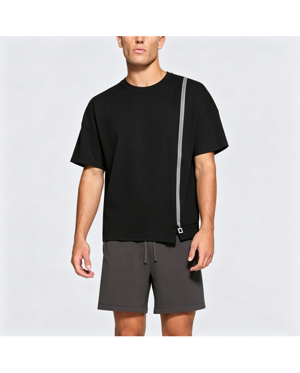 Retro Color Block Zip-Up Split Hem Short Sleeve T-Shirt