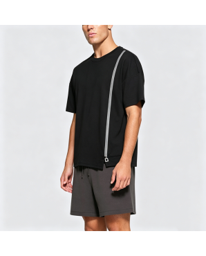 Retro Color Block Zip-Up Split Hem Short Sleeve T-Shirt