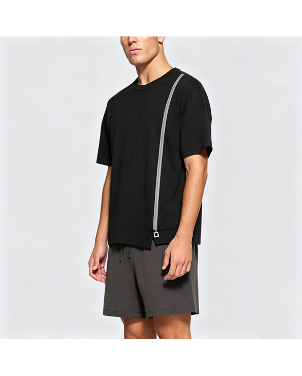 Retro Color Block Zip-Up Split Hem Short Sleeve T-Shirt